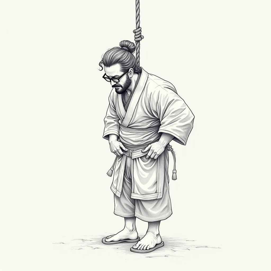 a pencil drawing of a man in a hanfu hanging from his neck by a rope , with his face looking at the ground and with his eyes closed , men with stubble, short beard, short mustache, Beard scum, slightly curly hair, and black square plastic-framed glasses