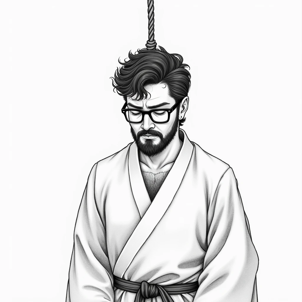 a pencil drawing of a man in a hanfu hanging from his neck by a rope , with his face looking at the ground and with his eyes closed , men with stubble, short beard, short mustache, Beard scum, slightly curly hair, and black square plastic-framed glasses
