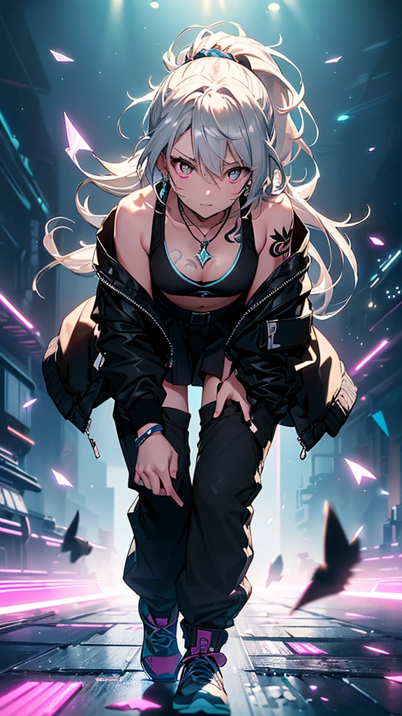 最high quality、best image quality、masterpiece、girl((20-year-old、 By becoming、vest bust、medium bust,wide open breast tea、shining eyes, silver hair、long hair、thin,highest valley、black sports bra、black sports pants、black short skirt、shoulder tattoo,diamond earrings、Wristband、black jacket、necklace、movement of leaning forward、move violently)),high quality、beautiful art、background((Virtual space、neon lighting、neon light、Live feeling))、Flight、debris flies、Depth of written boundary、movie、visual art、perfect art、8K,genuine、Dynamic Performance