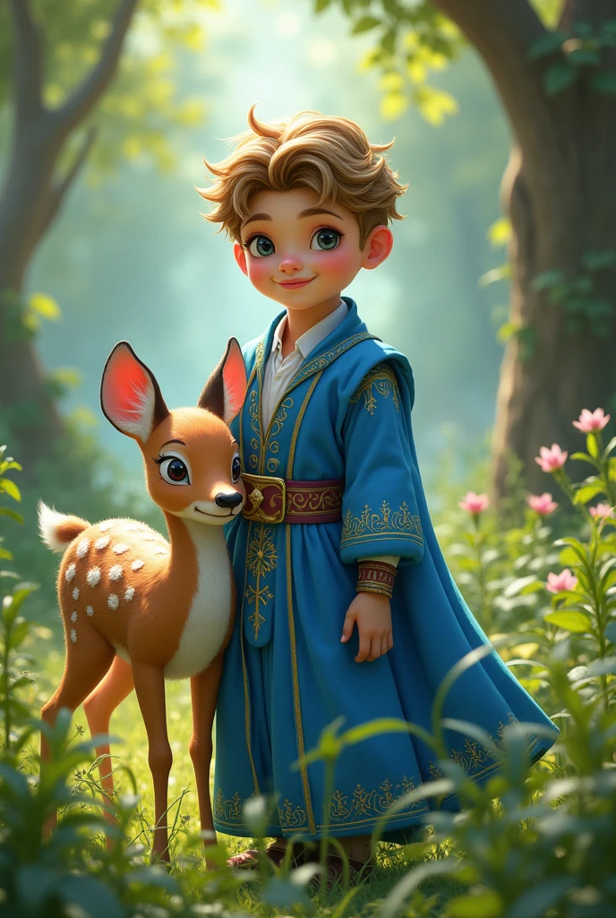 (anime)
Create the prince of vegetables A young human dressed in blue accompanied by his pet baby deer