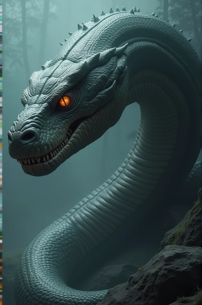 A snake with a and a giant black-brown head