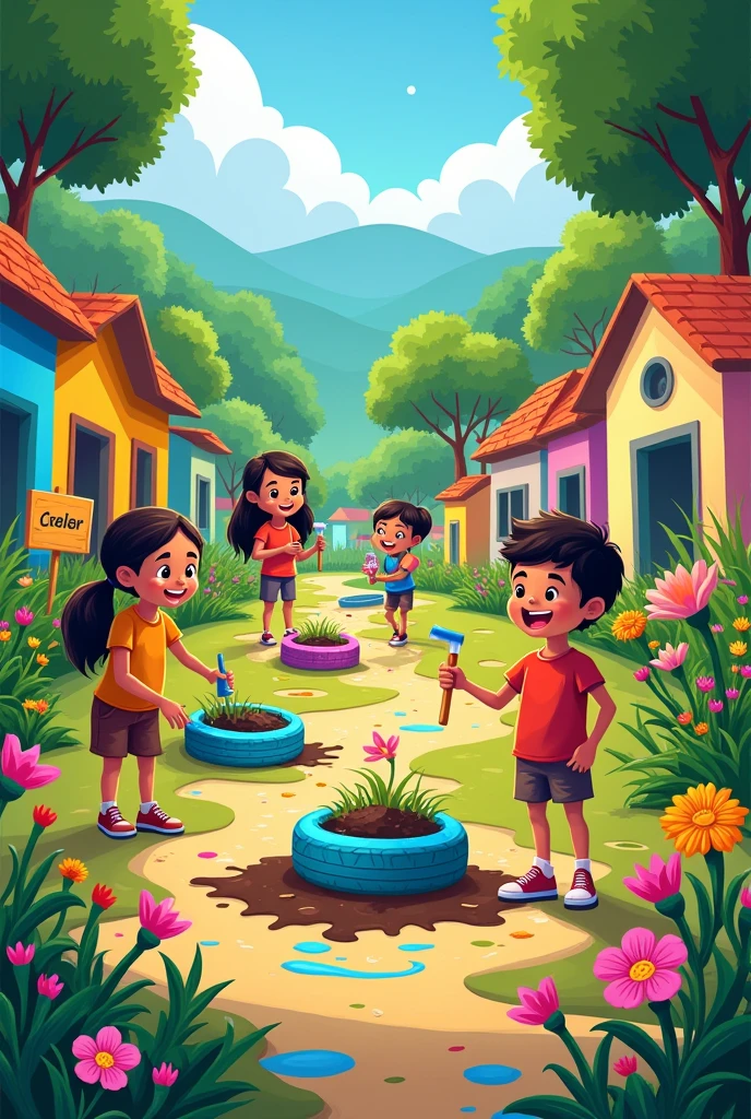 Create a cartoon image that has Chilean children and adults painting tires and planting lots of flowers and painting signs about caring for the environment Color: Use vibrant colors that attract attention.