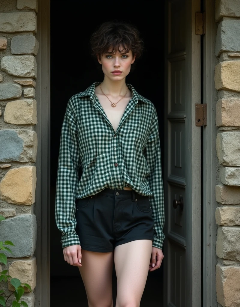 a Scottish woman with pale skin, blue eyes, short, curly and messy hair, she wears a loose forest green and white gingham shirt, the shirt covers her black shorts, thick and beautiful legs, can be intimidating, dark hair, simple rose gold jewelry. Standing in the doorway of a traditional highlands cottage.