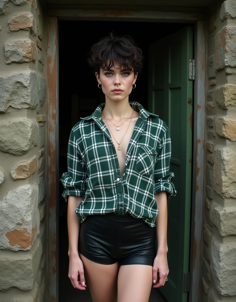 a Scottish woman with pale skin, blue eyes, short, curly and messy hair, she wears a loose forest green and white gingham shirt, the shirt covers her black shorts, thick and beautiful legs, can be intimidating, dark hair, simple rose gold jewelry. Standing in the doorway of a traditional highlands cottage.