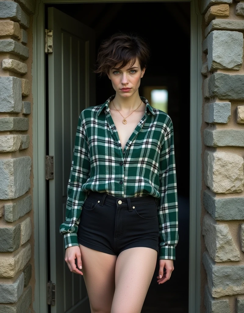 a Scottish woman with pale skin, blue eyes, short, curly and messy hair, she wears a loose forest green and white gingham shirt, the shirt covers her black shorts, thick and beautiful legs, can be intimidating, dark hair, simple rose gold jewelry. Standing in the doorway of a traditional highlands cottage.