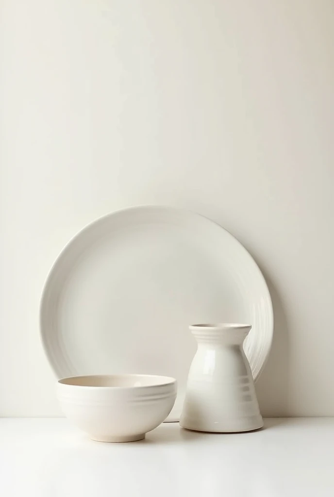A plate, a bowl, and a ceramic vase are arranged in a minimalist style on a white, beige, and gray, size image rectangular