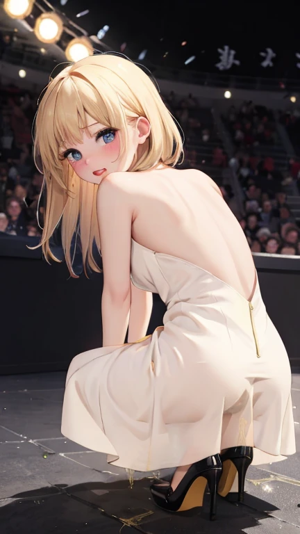 High resolution, Beautiful woman, Attention to detail, Good lighting, Obscene, conversion, ((Backless sequin dress)), ((Red high heels)), Bare thighs, Bare arms, (((Be incontinent))), (Pee), Peeの染み, (puddle), Thick thighs, Nice long legs, lipstick, Detailed face, Cute Face, Embarrassed and blushing face, Humiliated, ((On the disco stage)), (Squat), (Front view),Stick your butt out