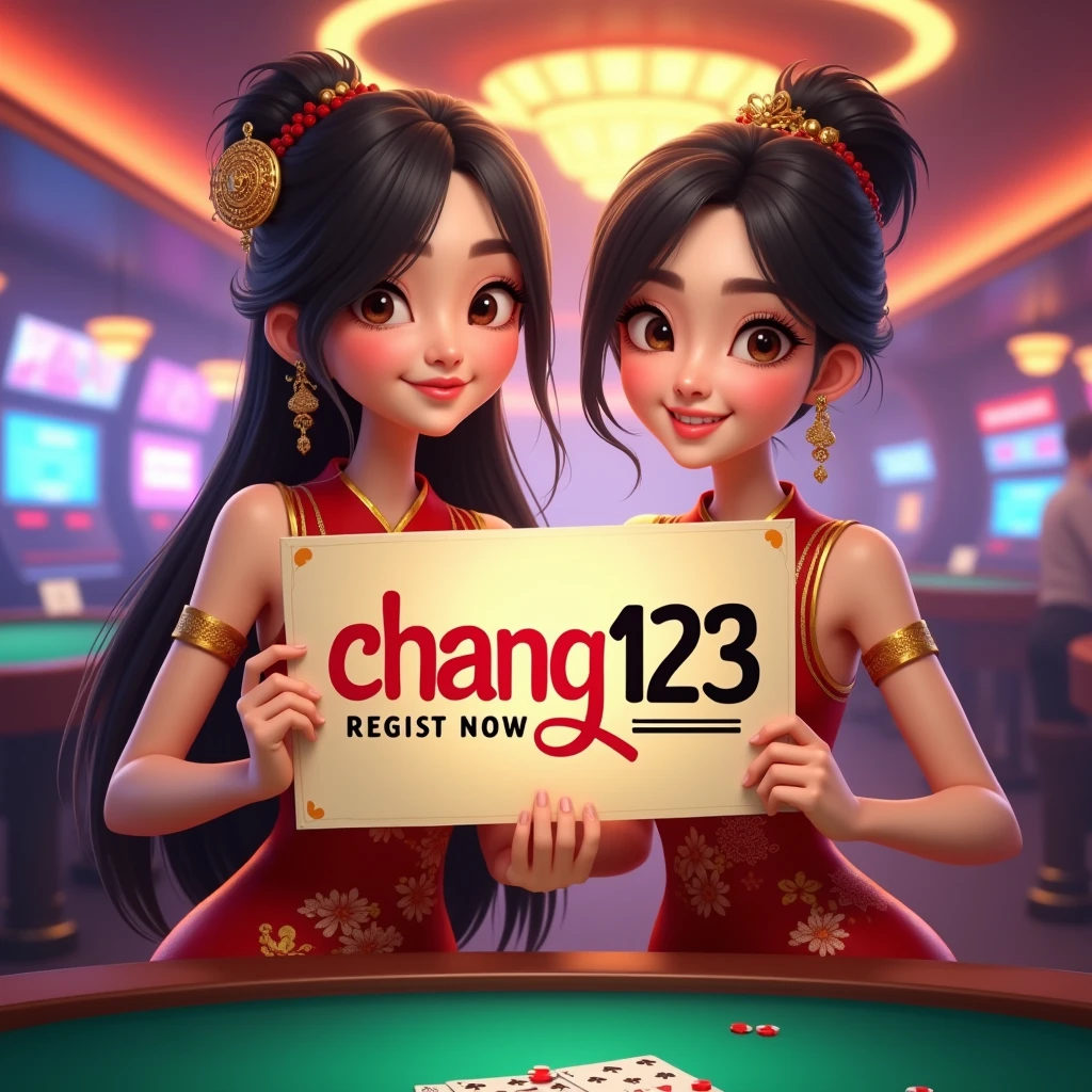 PG SLOT >> [chang123th.featuring] Direct web, upper body, two beautiful Thai women holding a sign "CHANG123 REGIST NOW" Cheerful, Happy, Casino Background, Thai Dress, Real Cartoon Pixar, Broken Chest, Standing Behind Poker Table, White Skin ,