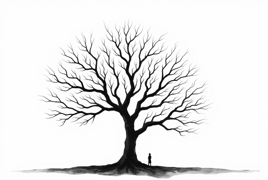 Black watercolor of a tree with no leaves or flowers.
Many long, thin black branches.