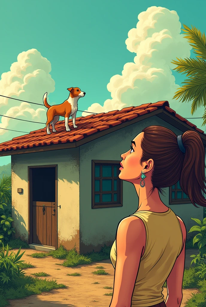 Woman looking at the roof of her house, a dog is on the roof trying to get down. Simple house in Brazil. manga style.