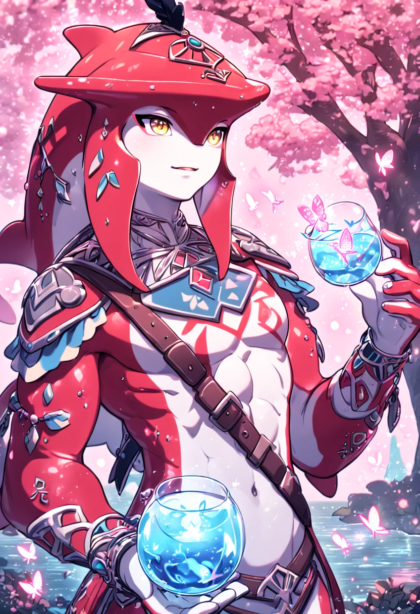 absurdres, highres, ultra detailed, HDR, master piece, best quality, extremely detailed, Sidon, white skin, expressive yellow eyes, The Legend Of Zelda Breath Of The Wild, solo, sexy zora, manly zora, red zora, handsome, prince, water, under a pink tree, fantasy, magical, glittering fireflies, pink butterflies, pink flames, glass magic, pink leaves