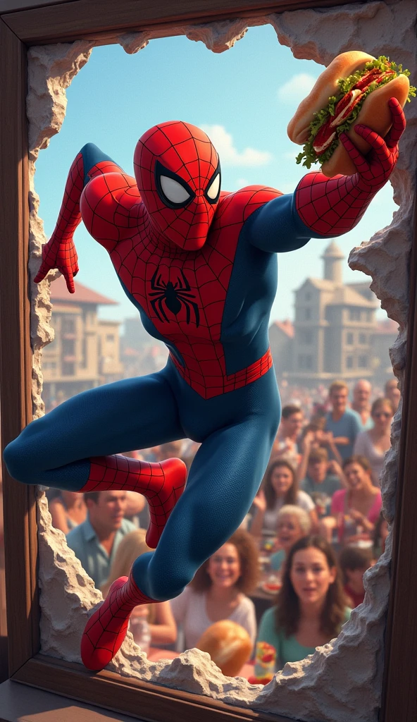 Spider-Man’s Entrance**: Spider-Man swinging into the party with a sandwich in one hand and a surprised look on his face as he crashes through the window.