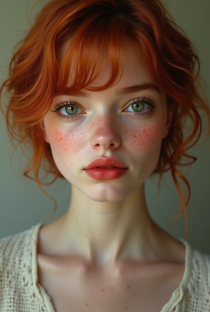 realistic young woman, short red hair like a man, greeneyes, red lips, rosy cheeks with freckles. His expression is gentle. 