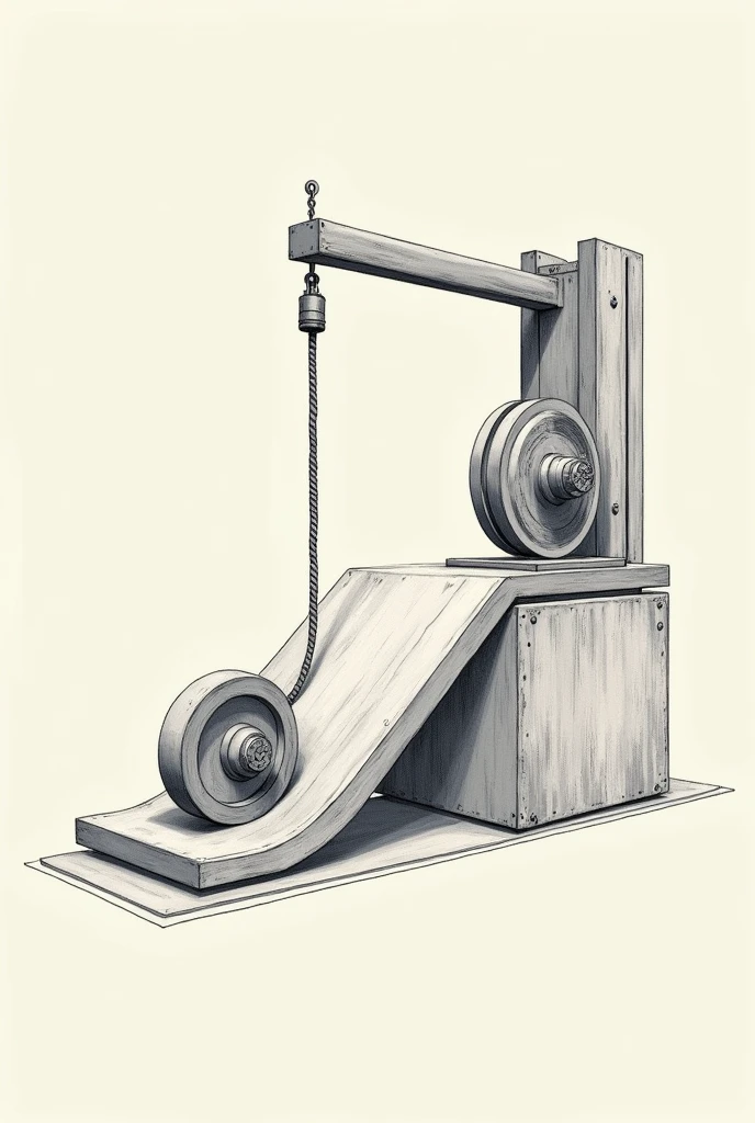 Create machine image with the following elements, pulley, rope, Cuña, Inclined plane,