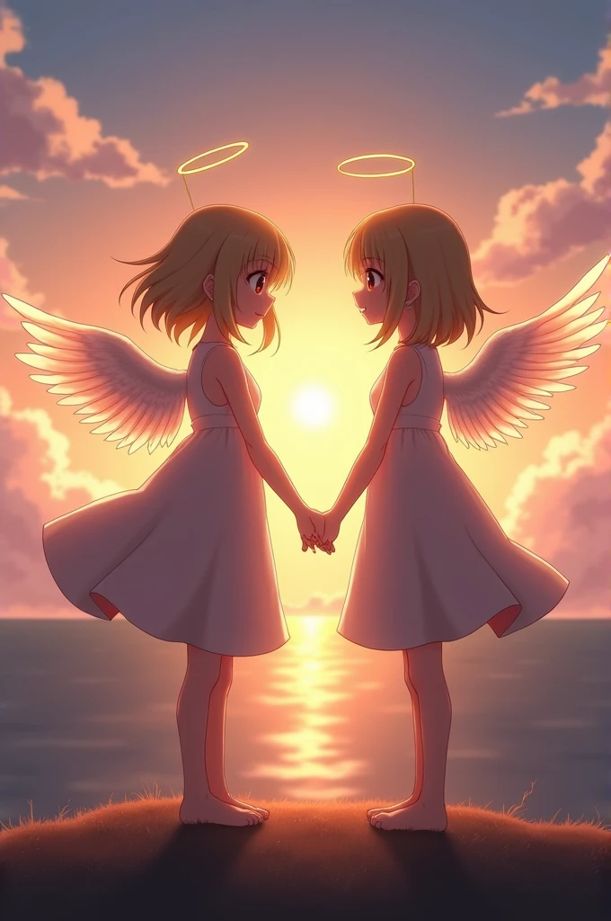 kagime rin and kagime len with angel wings holding hands the sun behind them soft art style realistic backround