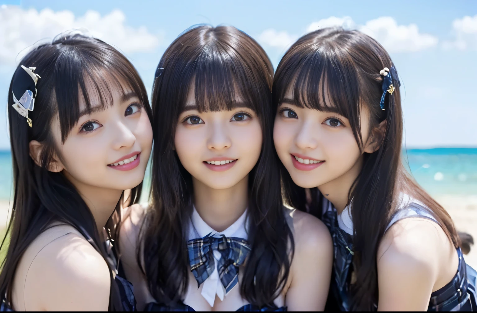 (Highest quality, masterpiece:1.2), Highest quality, Realistic, photograph, High resolution, 1080P, 8k, Physical Rendering, ((height: 155cm、Slim and slender style、medium firm chest)), ((((((Beautiful fashion models featured in Japanese fashion magazines。、Look directly at the viewer)))))), (((big, Very fine, Beautiful dark brown eyes))), ((((Everyone loves me、They are Laughter at me.!)))), Detailed fingers, (((length, Curled bangs))), ((((Very noble and cute eyes, Every detail is carefully drawn)))), ((double eyelid)), (((length eyelashes))), ((cute、Adorable、Adorable、Laughter、Laughter頬)), ((Pure white light hits my nose and cheeks. Her naked eyes and pale skin are beautifully white....(((((No makeup))))))、 (((((Her face is very expressive、With a noble smile。, so sweet, very smart))))), ((((A striking plain navy large school ribbon bow tie)))), ((((Beautiful long black hair fluttering in the wind)))), (((((((She is wearing a formal blue and navy tartan pleated skirt.))))))), ((((She shows off her beautiful small breasts.、Beautiful detailed upper body nude)))), ((As elegant as a noble princess)), ((Three girls exposing their breasts on the beach)), ((From before, Create a striking image of a very happy, smiling face))、((((((Very close))))))、((((((Summer memories of three high school girls)))))、Shortcut Straight Hair