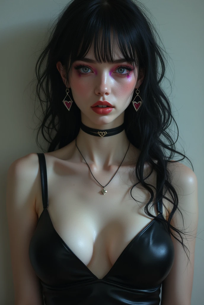 (masterpiece, best quality:1.2), solo, 1girl, arielaraven, mole, expressionless, looking at viewer, standing, purple eyes, black dress, earrings, cleavage, manic grin, heart pupil