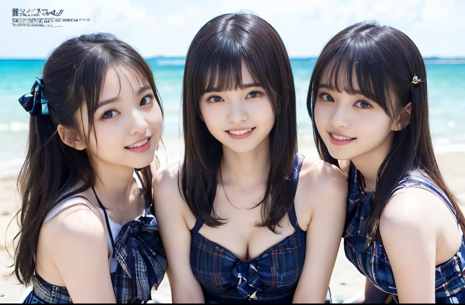 (Highest quality, masterpiece:1.2), Highest quality, Realistic, photograph, High resolution, 1080P, 8k, Physical Rendering, ((height: 155cm、Slim and slender style、medium firm chest)), ((((((Beautiful fashion models featured in Japanese fashion magazines。、Look directly at the viewer)))))), (((big, Very fine, Beautiful dark brown eyes))), ((((Everyone loves me、They are Laughter at me.!)))), Detailed fingers, (((length, Curled bangs))), ((((Very noble and cute eyes, Every detail is carefully drawn)))), ((double eyelid)), (((length eyelashes))), ((cute、Adorable、Adorable、Laughter、Laughter頬)), ((Pure white light hits my nose and cheeks. Her naked eyes and pale skin are beautifully white....(((((No makeup))))))、 (((((Her face is very expressive、With a noble smile。, so sweet, very smart))))), ((((A striking plain navy large school ribbon bow tie)))), ((((Beautiful long black hair fluttering in the wind)))), (((((((She is wearing a formal blue and navy tartan pleated skirt.))))))), ((((She shows off her beautiful small breasts.、Beautiful detailed upper body nude)))), ((As elegant as a noble princess)), ((Three girls exposing their breasts on the beach)), ((From before, Create a striking image of a very happy, smiling face))、((((((Very close))))))、((((((Summer memories of three high school girls)))))、Shortcut Straight Hair