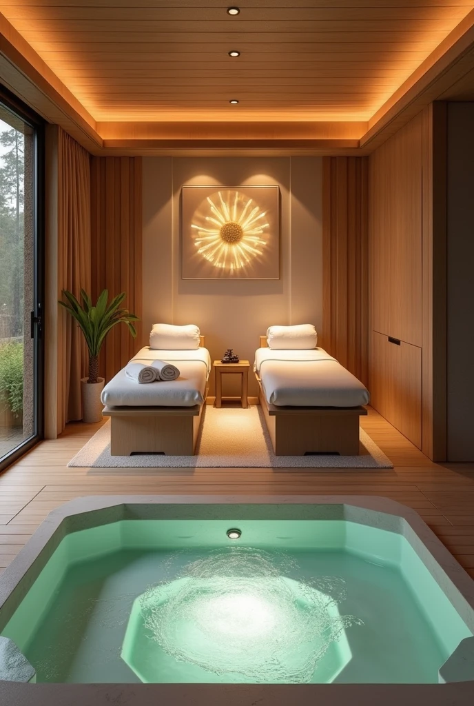 Imagine a massage cabin with 2 stretchers and a jacuzzi in front of the stretchers