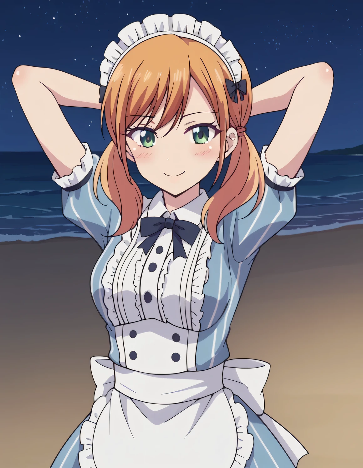 riho tsukishima, long hair, bangs, twintails, green eyes, low twintails, dress, bow, short sleeves, frills, striped, apron, maid, maid headdress, blue dress, waist apron, white apron, vertical stripes, high quality, solo, blushing, night sky, beach, arms behind head, medium breast, contrapposto, closed mouth, spread armpits, cowboy shot, looking at viewer, smile, best quality,