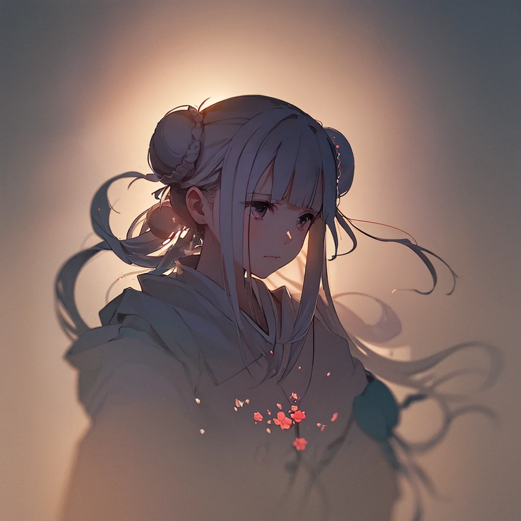 1 person、(),(((silhouette:1.2)))、 (Hair Ribbon:0.4),(((Bun Hair))),(((Very long hair))),Kunimi Tama,(Face close-up),Blacksmithing、leaf、rose、Abstract、Zhou Haoguang、(Blurred Background、Blurred foreground、Depth of written boundary:1.3)、Swirling Mist、Iridescent mist、Traditional Texture、Dripping