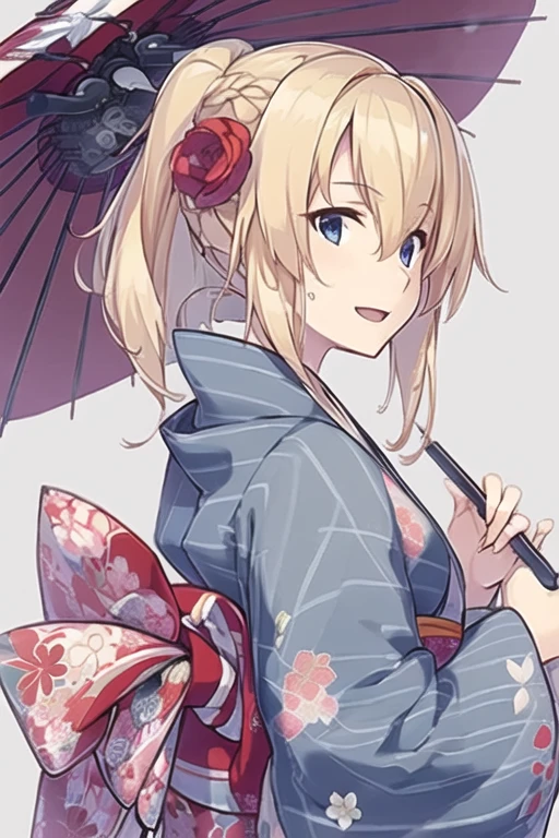 warspite \(kancolle\),((masterpiece)),(((best quality))),((ultra-detailed)),((illustration)),((disheveled hair)),((frills)),(1 girl),(solo),1girl, alternate costume, alternate hairstyle, beach umbrella, black umbrella, blonde hair, blue eyes, blue kimono, blue umbrella, braid, eyebrows visible through hair, floral print, flower, french braid, hair flower, hair ornament, holding, holding umbrella, japanese clothes, kimono, long hair, looking at viewer, looking back, obi, oil-paper umbrella, open mouth, parasol, pink umbrella, purple umbrella, rain, red flower, red umbrella, rose, sash, shared umbrella, smile, solo, striped, striped kimono, tied hair, transparent umbrella, umbrella, upper body, white umbrella, yukata