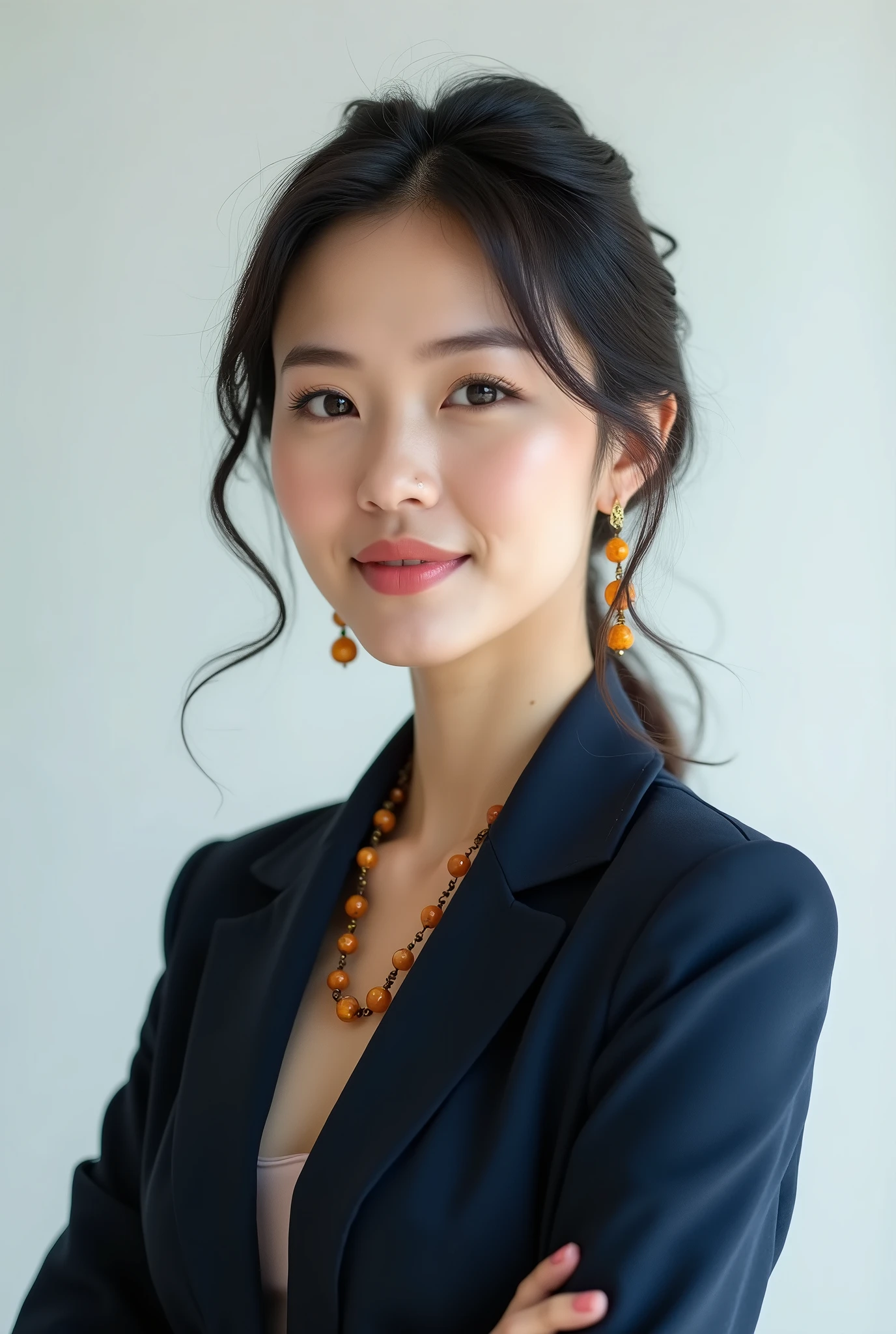 Beautiful Asian woman wearing office dark blue dress. Three quarter portrait on white background. Straight posture. She wears beauty amber earrings and amber beads