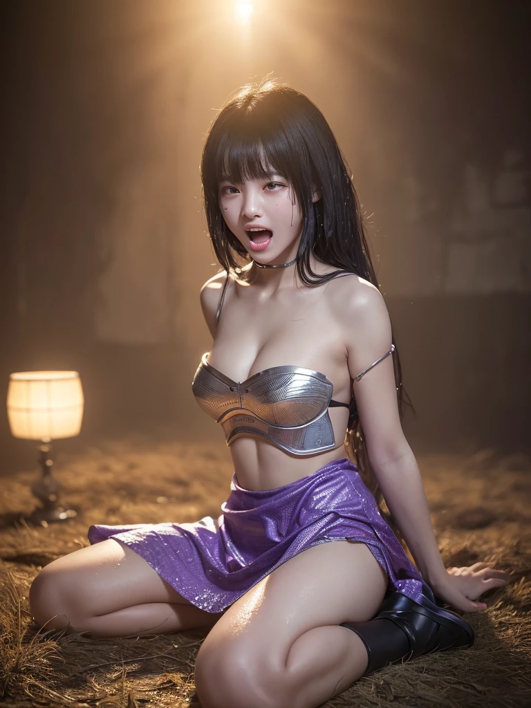 a very beautiful japanese girl, very cute high school girl assassin, detailed photo of innocent 17-years-old virgin,((in the withered meadow)), ((off-shoulder silver breastplate, purple long maxi-skirt, purple arm cover, silver booties:1.1)),(full body, plopping down to a sitting position, surrender:1.3),(she calls for aid, crying out in a loud manner, open mouth wide:1.3), perfect body, sweat flies from her body, body soaked in sweat, firm and elastic skin, lively faces, glowing lips, cute double eyelids and black eyes, cleavage, attractive thighs, glossy straight medium black hair, asymmetrical bangs, hair flutters, dark fantasy,(exquisite masterpiece), photo-realistic, surreal, cinematic lighting, 32K, backlight, (bright light:1.2), (Improvement of quality:1.4), (Highest quality realistic textured skin:1.4),ultra detailed eyes, ultra detailed face, ultra detailed hand,(Enhances the beauty of skin texture:1.1)