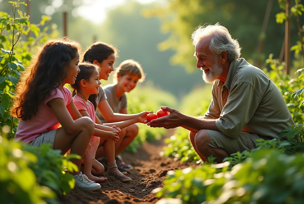 A multigenerational family works together in their permaculture garden, harvesting fresh vegetables. Laughter fills the air as a young girl offers her grandfather a ripe, red tomato.