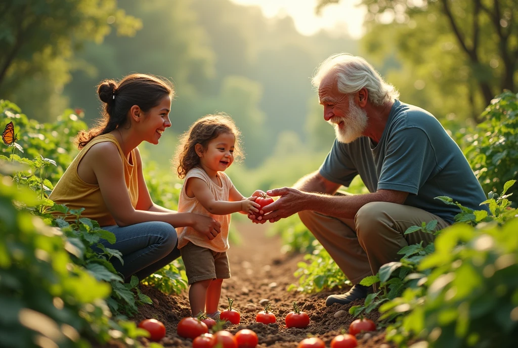 A multigenerational family works together in their permaculture garden, harvesting fresh vegetables. Laughter fills the air as a young girl offers her grandfather a ripe, red tomato.