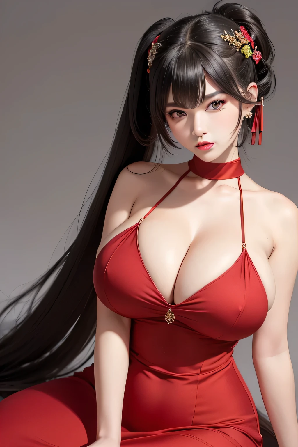 masterpiece, best quality, Ultra-high resolution, Beautiful and fine hair,A meticulous face, Perfect female face, (((taihou))), Azur Lane, Double ponytail hairstyle, Ahog, Black Hair, Hair accessories, (Red evening dress), (Big Breasts:1.4), Breast sagging, Huge cleavage, sakimichan's Artwork, Giorgio Camitani, Akira Yasuda