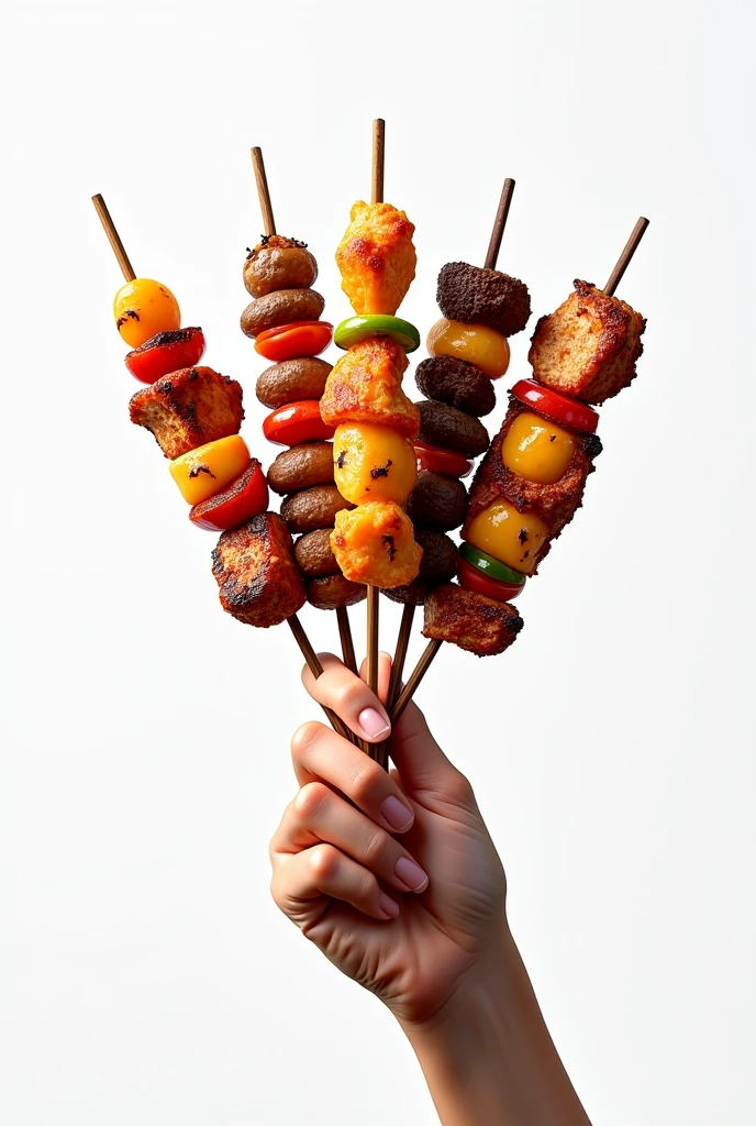 Create a hand holding 5 kebabs, one of meat, chicken, Mixed, kafta and cheese with white background realistic image