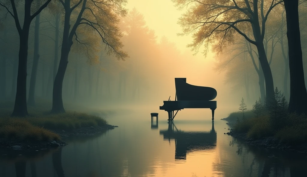 Tall tree々The painting depicts a landscape of a large black grand piano set in a forest reflected in the calm water.。The atmosphere is shrouded in mist、The light shines through the fog、Creates a warm golden glow。This image captures the peace and beauty of nature.、Fog and reflections evoke feelings of serenity and introspection.