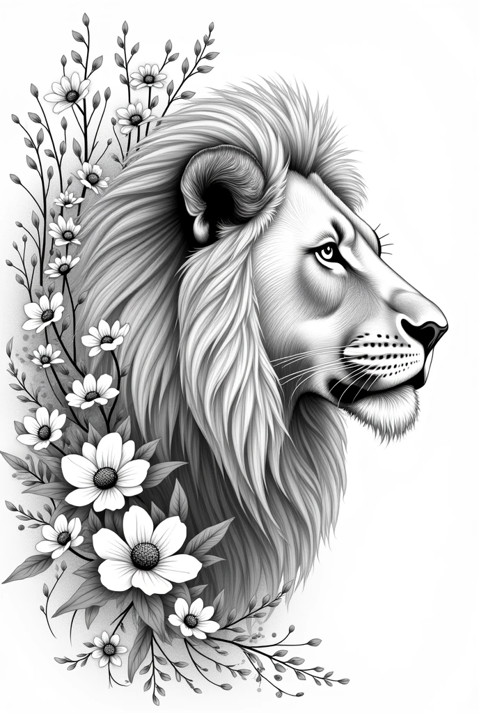 A lion drawn with flowers in black and white, similar to pinterest images, a little more professional and the lion is in profile, make the lines more defined remembering that it is a drawing, Add more flowers so that only the lion's face can be seen