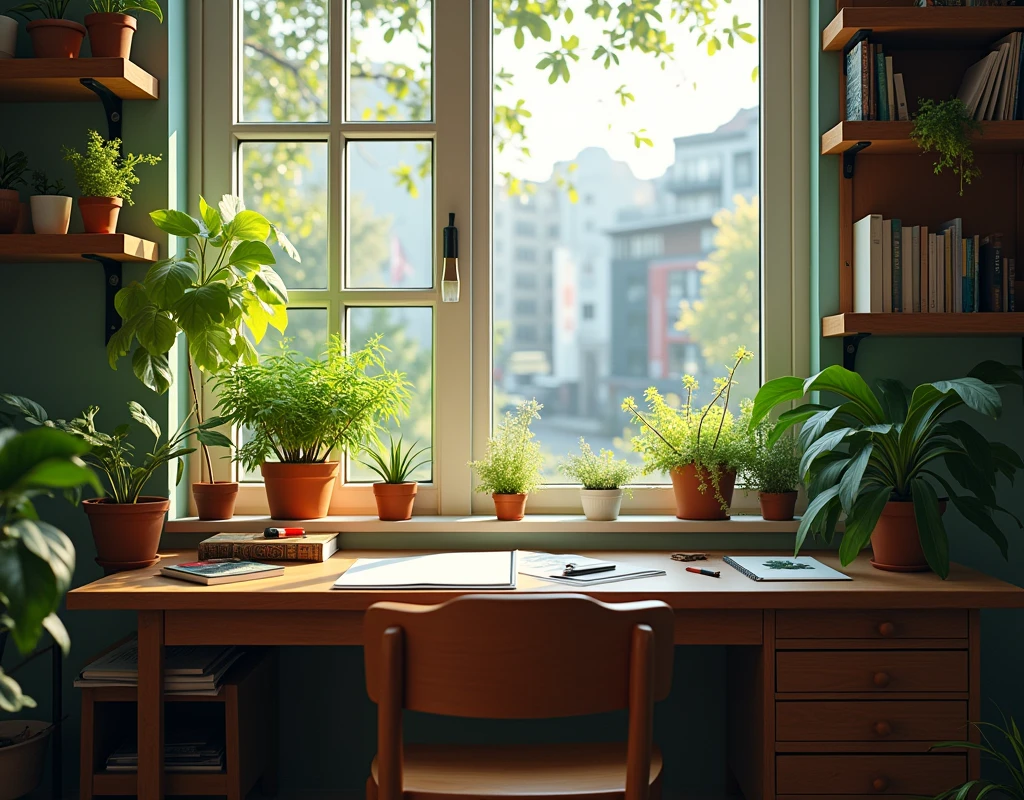 an artist desk with few plants, books, paper, shelf, drawers, window with a view to a green urban scenery, screen starts from 70cm of floor, sun light