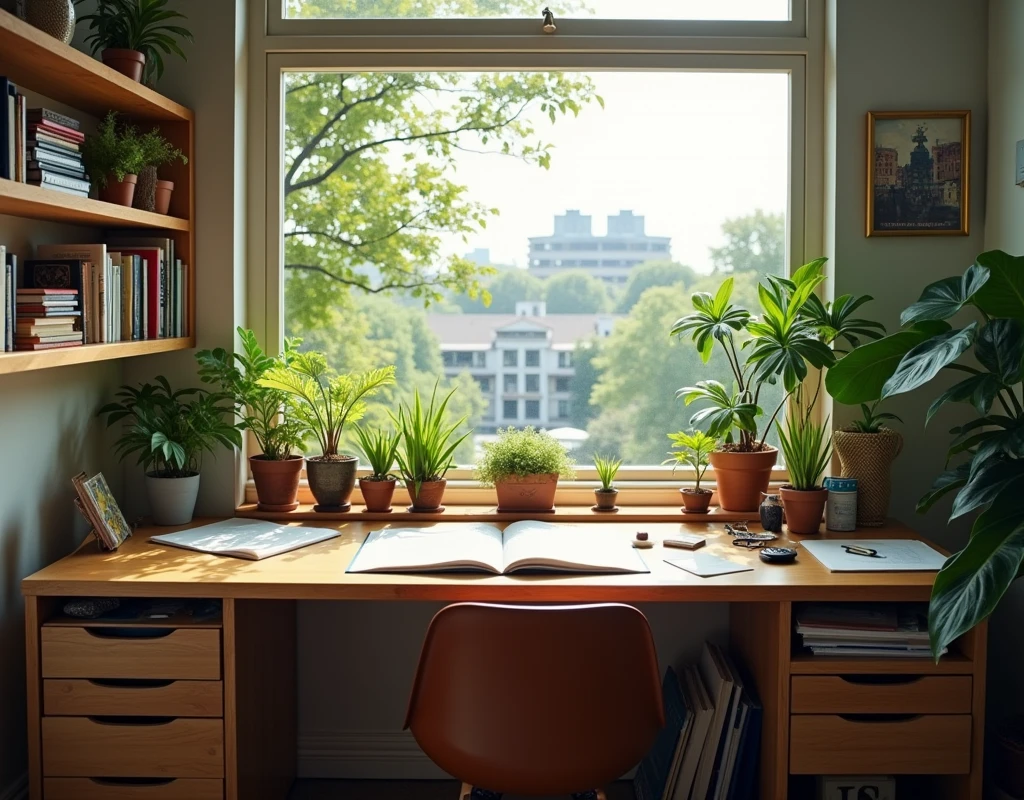 an artist desk with few plants, books, paper, shelf, drawers, window with a view to a green urban scenery, screen starts from 70cm of floor, sun light