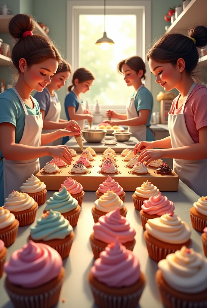 People in a baking room with cupcakes 
