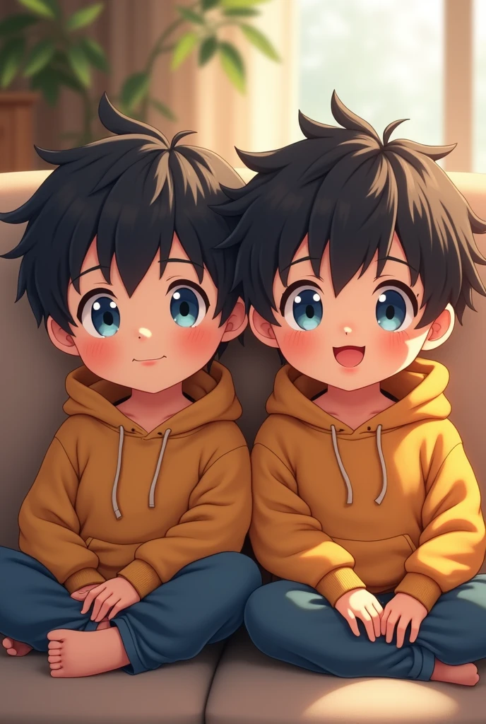 two lil boys , , twins, blue eyes, black hair, happy, looking at the camera, sitting in a sofa, on the house, with a hoodie. (anime:1.2), (jujutsu kaisen)
