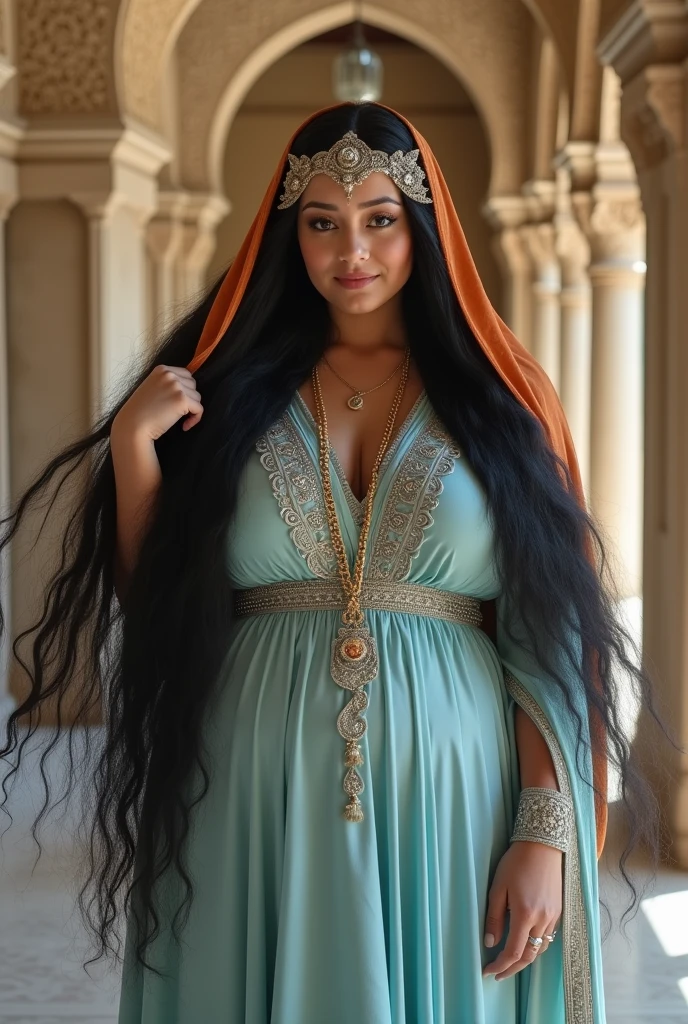 portrait of a plump woman inside the Alhambra with very very long black hair, crowned with a medieval Arabic headdress with an orange veil, pastel blue kaftan with silver Arabic embroidery, silver jewelry, Al-Andalus era, ethereal atmosphere.