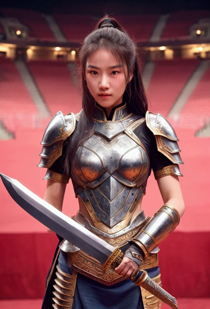 A beautiful girl in the guise of an ancient warrior, adorned with powerful armor, holds a sword in her hand, creating a strong and captivating image. The scene is set in an arena with a large audience, captured in high-quality photography."