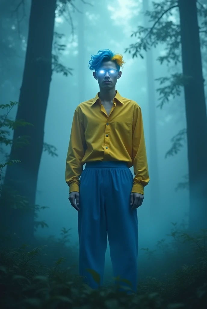 A man with bright white eyes,that he has blue pants and a yellow shirt,blue hair and a yellow streak,and that it is in a foggy forest and that the eyes are noticeable
