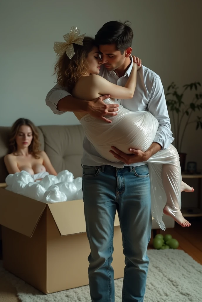 in a living room, A man in casual jeans is standing on the ground, carrying and lifting in his arms a beautiful naked and sleeping blonde young adult European woman , Her body is wrapped in plastic and she has a gift bow on her head., The woman's body is stretched out and is on the ground, Full body view, On one side there is an open cardboard box with polystyrene, Behind them is a beautiful naked European woman sleeping covered in plastic and sitting facing the room, Excellent lighting, hyperrealistic quality image, high resolution