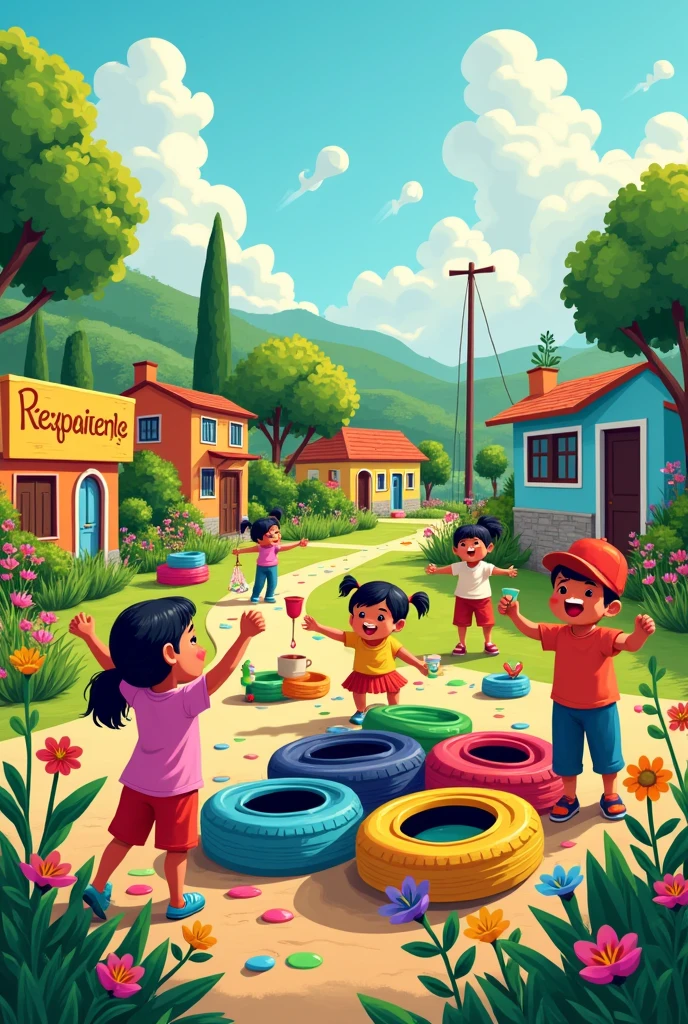 Create a cartoon image that has Chilean children and adults painting tires and planting lots of flowers and painting signs about caring for the environment Color: Use vibrant colors that attract attention.