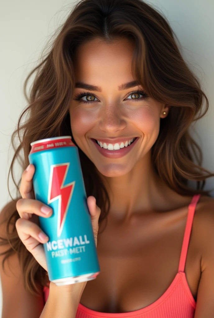 Create a young woman holding a can of an energy drink for advertising