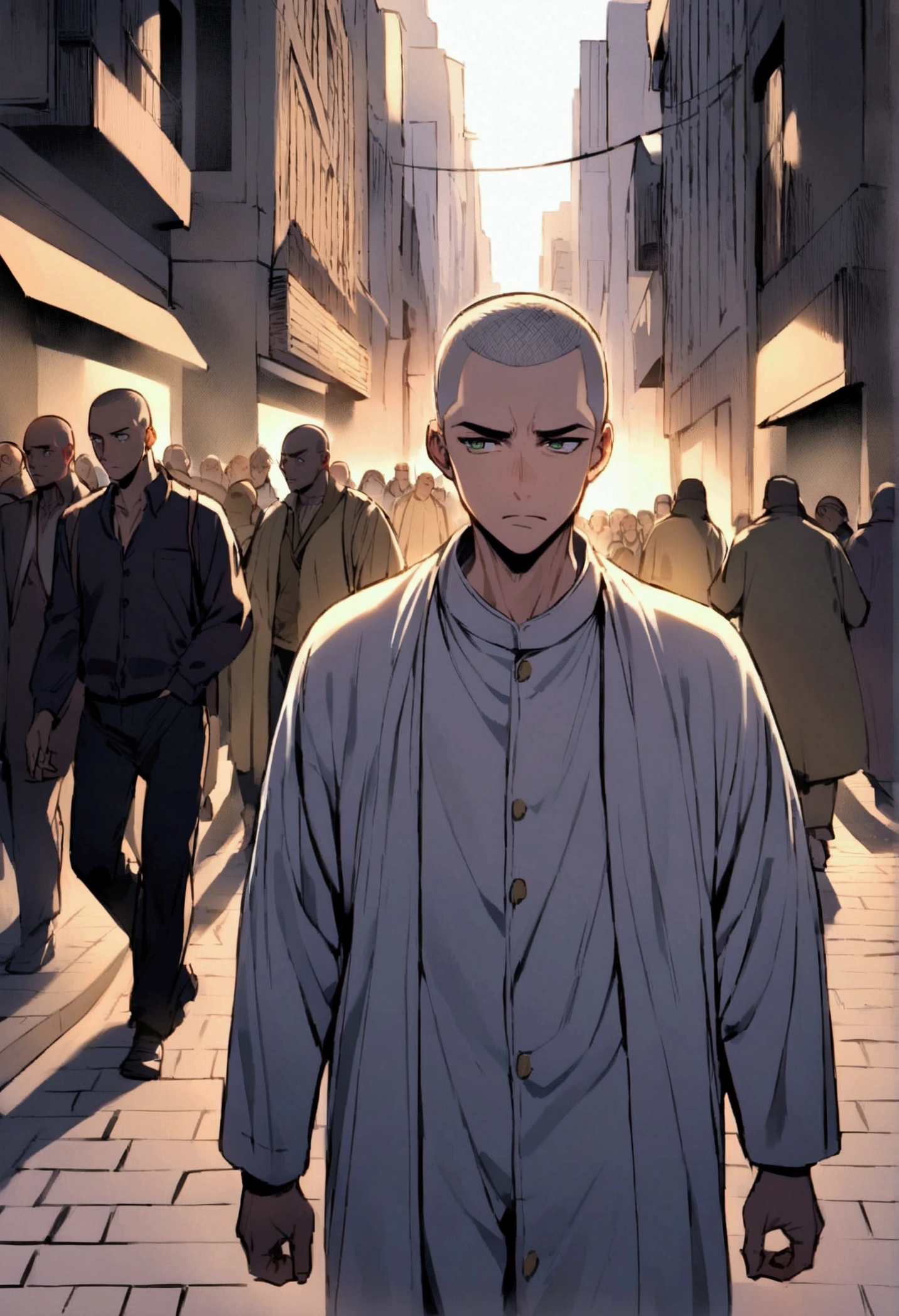 There is a man in all white with a buzz cut hairstyle. His hair is brown and has green eyes. He has a weary expression. He is walking in a crowded street in the near future. There are streaks of light, both yellow and purple.