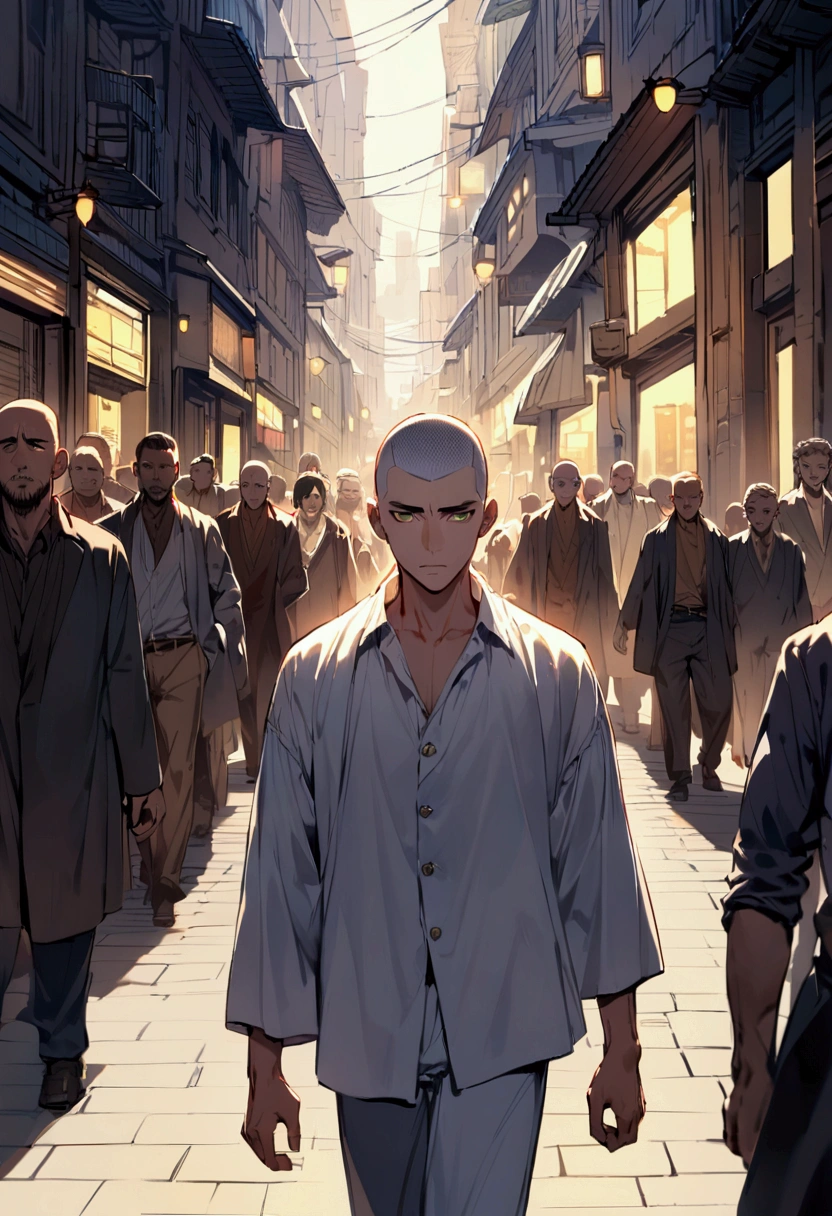 There is a man in all white with a buzz cut hairstyle. His hair is brown and has green eyes. He has a weary expression. He is walking in a crowded street in the near future. There are streaks of light, both yellow and purple.