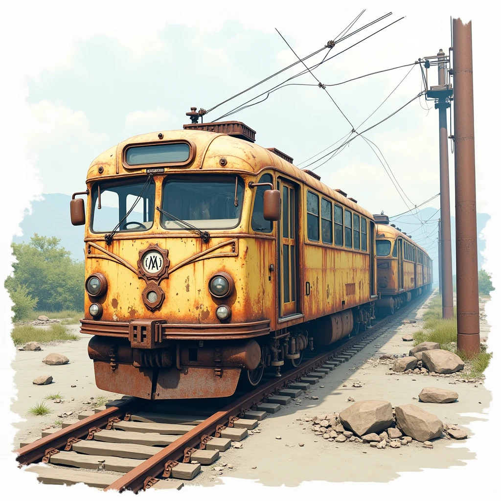 (Best Quality,4k,8k,High resolution, masterpiece:1.2),ultra detailed, sharp focus,(realist,photorealist,fotorrealista:1.37),extremely fine details, intricate details,vivid colors,intense colours,Deep contrast,cinematic depth of field,cinematographic composition,cinematic camera angle(Photograph of an abandoned rusty train:1.5, scenario centered on abandoned industrial machinery.), abandoned coal mine landscape, machine placed, ((Trolleybus in ruins, 放置されたHeavy equipment, industrial waste)), quiet, , minimalist, industrial environment, Heavy equipment, spiderweb, dusty, Disturbing silence, crumbling walls, oxide, overgrown vegetation, Remnants of past activities, dark space, Broken window, colores quiets, mysterious atmosphere