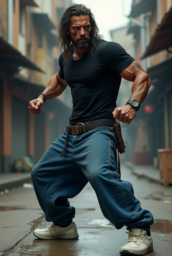 a man with black tshirt,blue beggy pants,white shoe,long hair,scars on face,detailed face, ultra hd face,fighte pose,street background