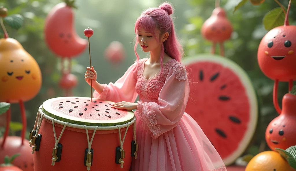 (8k, best quality, photorealistic, realisti), a pretty japanese adult female model with pink watermelon skin and features, include the seeds in the clothing patterns, she is playing on bongo drum in the shape of a giant watermelon in a surreal garden world, surrounded by other fruit and vegetable creatures, they are all friendly and happy.