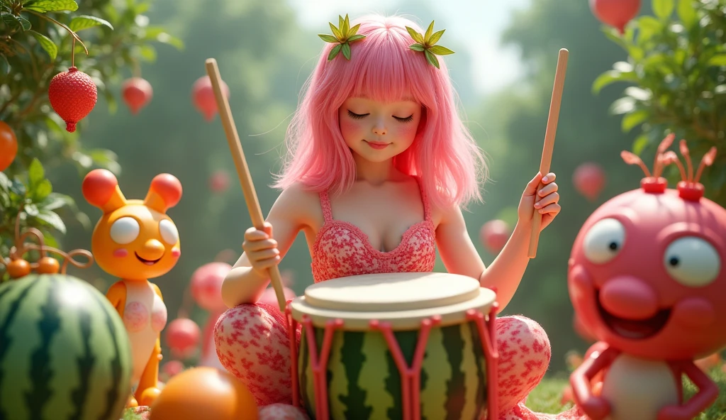 (8k, best quality, photorealistic, realisti), a pretty japanese adult female model with pink watermelon skin and features, include the seeds in the clothing patterns, she is playing on bongo drum in the shape of a giant watermelon in a surreal garden world, surrounded by other fruit and vegetable creatures, they are all friendly and happy.